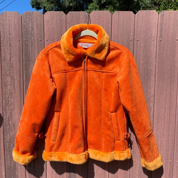 1990s Suede Bright Orange Bomber Zip Up Jacket with Faux Fur Orange Trim LARGE - Picture 3 of 9